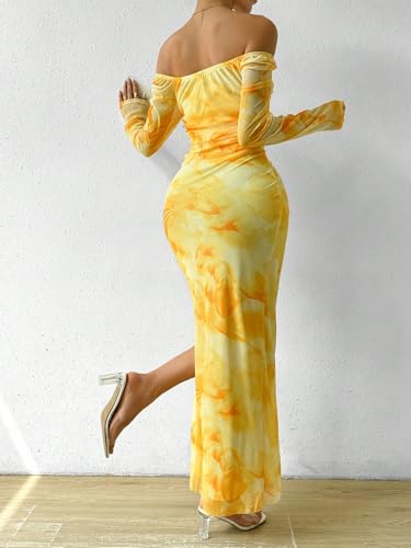 Image of LIGHT DOT Women's Printed Off Shoulder Maxi Dress Long Sleeve Bodycon Ruched Mesh Cocktail Dress