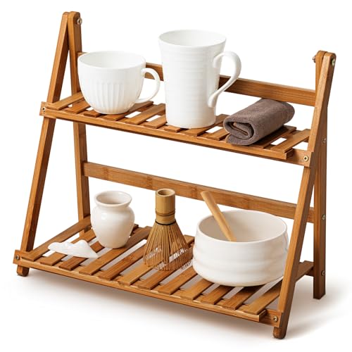 Yalikop Matcha Station Shelf,15.7'' Coffee Station Organizer, 2 Tiers Bamboo Mug Holder Countertop,Desktop Flower Pot Rack for Home Living Room Window Sill Foldable Display Storage Shelf (Brown)