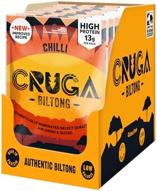 Cruga Chilli Beef Biltong Flavour 12 × 25g Snack Packs – High Protein Gluten Free Snack – Low Sugar – No Added MSG – Ideal for Gym, Travel, Hiking & Everyday Energy