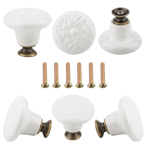 Brosay Pomos decorativos de cerámica para cajones de flores, estilo vintage, para armarios de cocina, aparadores, armarios, tiradores de puerta (4 unidades, blanco)