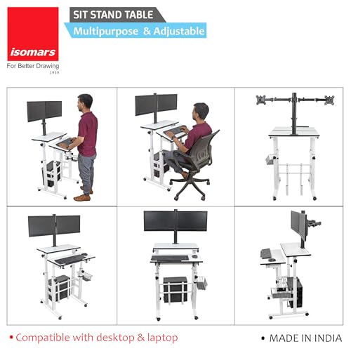 Image of Isomars Computer /Laptop Table with Dual Monitor Mount, Adjustable Height & Angles, Sit Stand Table, Computer Desktop Workstation Useful for Gadgets Like Desktop, Laptop, etc. (White).