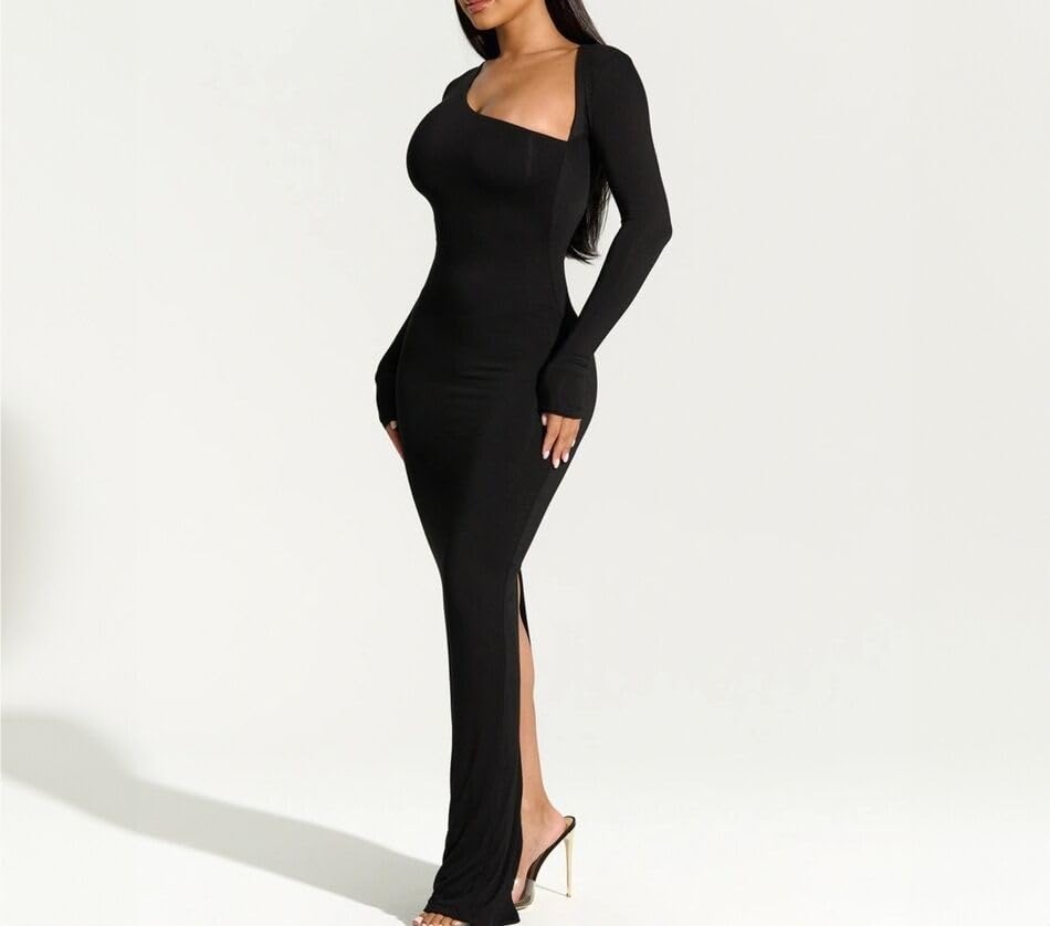 Sexy Black Evening Party Dress Women Elegant 2023 Fall Winter New Outfits Asymmetrical Long Sleeve Slit Maxi Dresses (Color : Black, Size : Medium)3