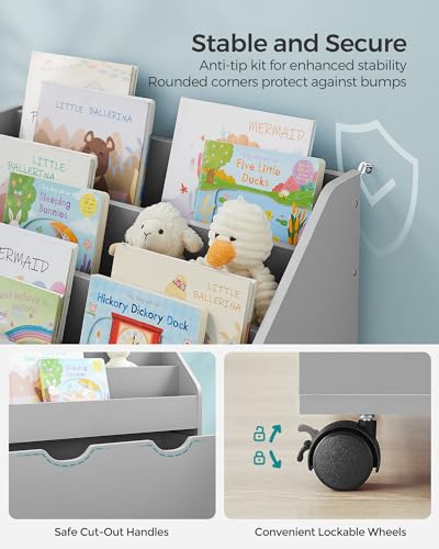 Image of SONGMICS Kids Bookshelf and Toy Organizer, Toy Storage Chest and Bookcase with 3 Shelves, Storage Box with Wheels, Multipurpose, for Children's Room and Playroom, Dove Gray UGKR041G10