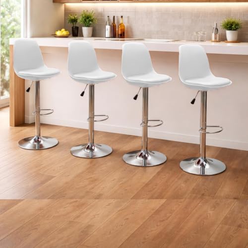 Image of DIYA Seating Solutions 360 Revolving Adjustable Height Bar Stool Chair with Chrome Metal Base | 1 Year Warranty | Leatherette Upholstery | Stable Stool for Office, Cafe, Restaurant- White (Pack of 4)
