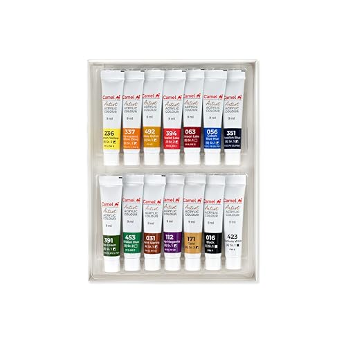Image of Camel Acrylic Color Box - 9ml Tubes, 14 Shades, Including Gold & Deep Magenta Colour