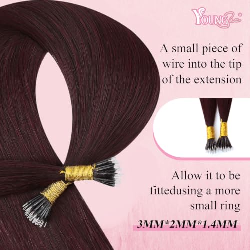 Image of YoungSee Nano Ring Hair Extensions Human Hair Burgundy Nano Bead Hair Extensions Human Hair Wine Red Nanoring Extension 22 Inch for Colored DIY Silky Straight 25 Strands 25g