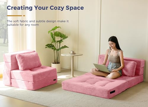 Image of MAXYOYO Convertible Sofa Bed, Fold Out Loveseat Sofa Couch with Pillow, 4 in 1 Tufted Folding Couch Bed Foam Floor Couch, Lazy Chair for Living Room Bedroom Guest Room, Pink