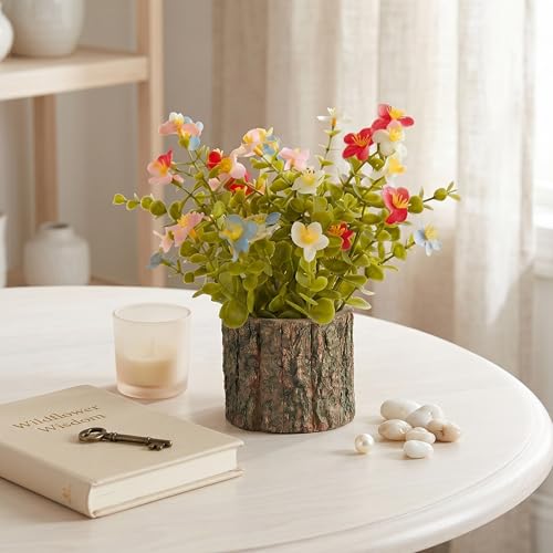 Image of Dekorly Artificial Fern Filler Plant with Real Wooden Vase (28CM Overall Height) | Decorative Lifelike Faux Floral Plant in Rustic Tree Log Pot for Living Room (Fern Filler)