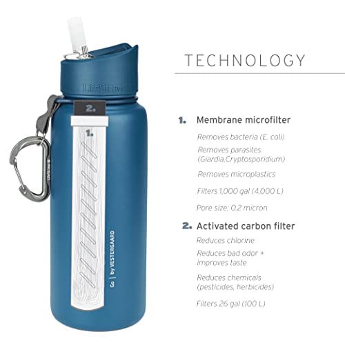 Lifestraw Go Stainless Steel Water Filter Bottle With 2-Stage Integrated Filter Straw, Double Wall Vacuum Insulated, For Hiking, Backpacking, And Travel, 24Oz, Blue #TOP1