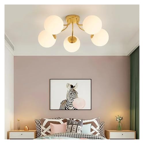Lustre Moderne en Verre à LED, éclairage de Plafond Luxueux pour Salle à Manger, Chambre ou Cuisine (lumière Chaude, doré - 5 Boules)