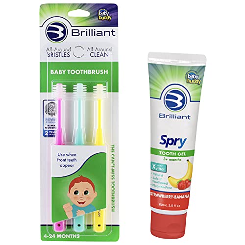 Image of Brilliant Bundle Includes Baby Toothbrush 3 Pack 3 Color - Pink-Mint-Yellow and Spry Tooth Gel with Xylitol, Strawberry Banana Flavor, Fluoride Free Toothpaste Safe for Babies, Toddlers, and Kids