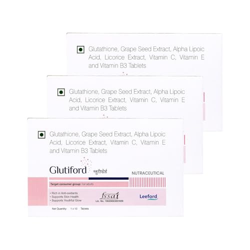 Image of Glutiford Tablets with Glutathione, Grape Seed, Vitamin C & E For Skin Glow, Hydration & Radiance | Daily Skin Nutrition & Antioxidant Support for Smoother, Even-Looking (Pack of 3, 10Tab Each)