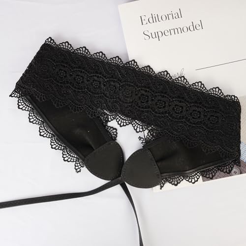 Black Lace Wide Waist Belt, PU Leather Women Obi Belt Adjustable Self Tie Waist Belt4