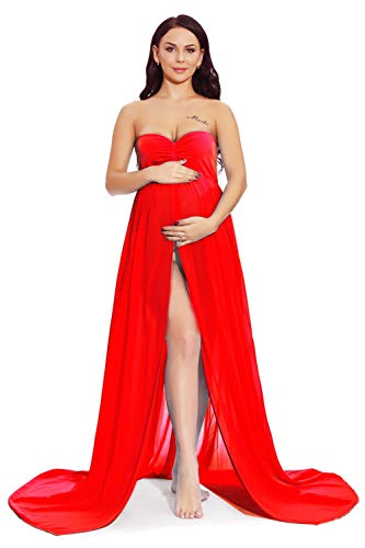 ZIUMUDY Maternity Chiffon Strapless Maxi Photography Dress Split Front Gown for Photoshoot (B - Red)