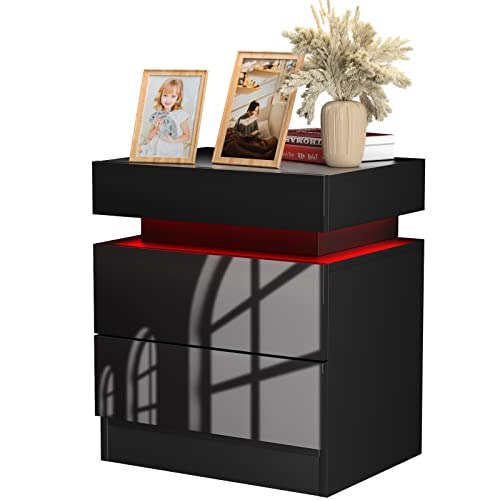 PIPIPOXER Nachttisch mit LED, Nachttisch Schwarz mit großen Stauraum,Nachttische mit 2 Schubladen und Hochglanz Kommode für Wohnzimmer,...
