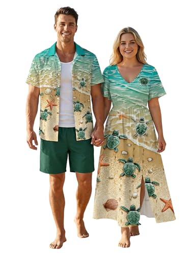 Image of Matchable Couple Hawaiian Sea Beach Starfish Turtle Shell Print Shirt or Plus Size Midi Split A Line Dress
