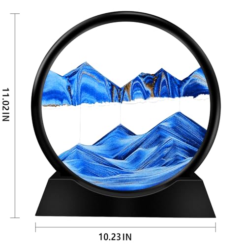 DRIWDOCTER Moving Sand Art Picture Round Glass 3D Deep Sea Sandscape in Motion Display Flowing Sand Frame Relaxing Desktop Home Office Work Decor (12",Blue) - Image 2