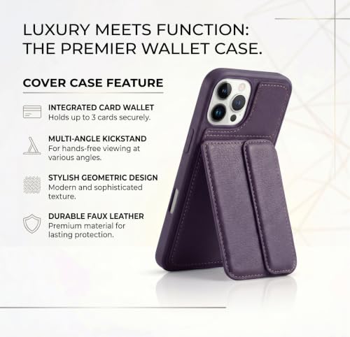 Image of amazon basics Luxury Vegan Leather Back Cover for iPhone 16 Pro Max | Built-in Card Holder Slot | Integrated Mobile Stand | Slim Shockproof Protective Case with Stitched Finish - Purple