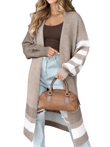 Caracilia Womens Oversized Long Cardigan Sweaters Color Block Open Front Duster Coat Knit Outwear 2025 Fall Outfits Camel Large