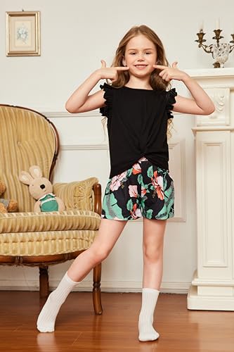 Image of Arshiner Girls Shorts Sets 2 Pieces Outfits Twist Front Ruffle Sleeve T-Shirts and Shorts With Pockets Cute Clothes Sets