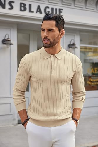 COOFANDY Men's Jumper Polo Shirts Long Sleeve Polo Neck Jumpers for Men Knitted Sweaters Casual Jumper Regular Fit Light Khaki L - Image 2