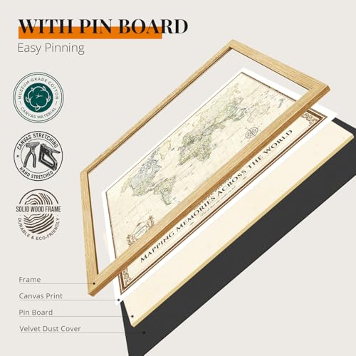 Image of DECORARTS - Personalized World Travel Map with Pins, Custom Name, Pin Board Canvas Wall Art, Colorful Classic World Decor, Optional Wood Frame, Giclee Print, Handcrafted in USA, 30x24''