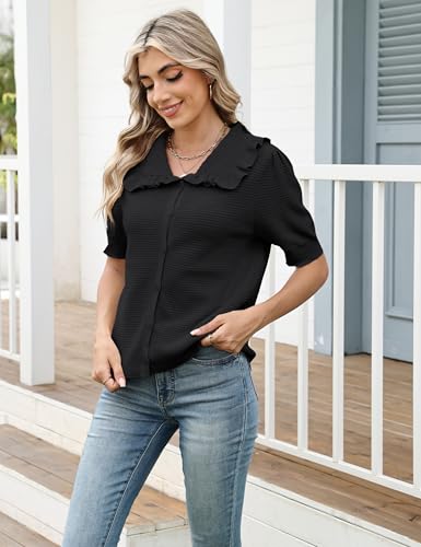 Watashi Womens Short Sleeve Cardigan Casual Button Down Ruffle Collared Lightweight Knittwear Summer Sweater Top3