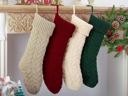 Fesciory 18 Inches Christmas Stockings Bulk, 5 Pack Large Size Cable Knitted Fireplace Hanging Stockings for Family Holiday Xmas Party Decorations, Burgundy&Ivory White&Green&Khaki&Grey - Thumbnail 2