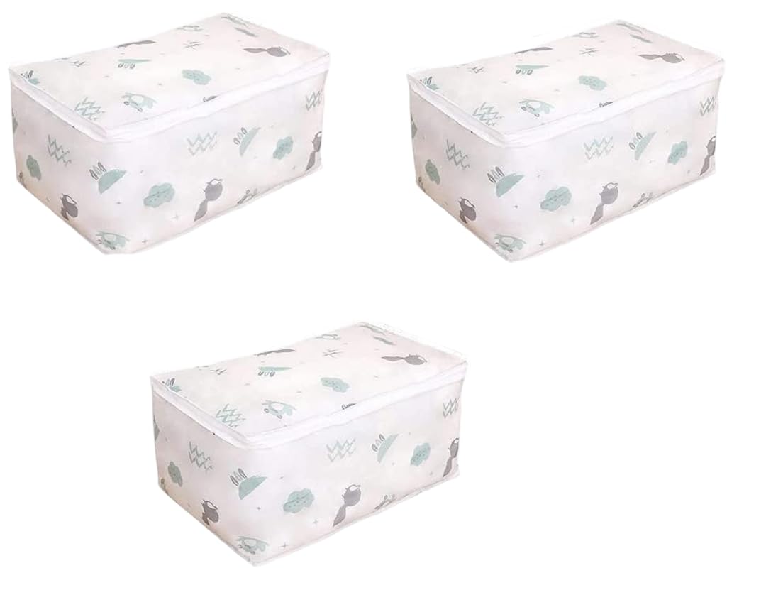 Clothes Storage Bag with Zipper Lid, Printed Fabric Wardrobe Organizer Box for Clothes, Blankets and Bedding (Multiple Sizes) (Pack of 3)-image-14