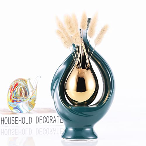 Teal Kitchen Accessories And Decor Teal Ceramic Vase Centerpiece, Green And Gold Home Decor Vases, For Dining Table Center, Bookshelf, Coffee Table, Living Room With Dried Flowers, Floral Decor Vase #TOP6