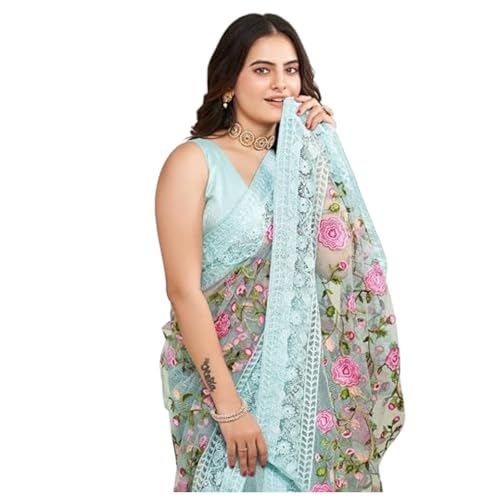 Image of VAIRAGEE Women's Beautiful Soft Net Embroidery Saree With Unstitched Blouse 6079