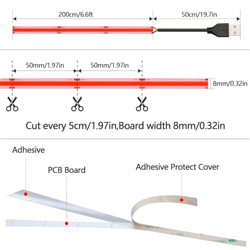 KXZM DC 5V USB COB Red LED Strip Light Dimmable IP65 Waterproof USB Powered 6.6ft/2M 640LEDs with Dimmer High Brightness Flexible LED Tape Lights