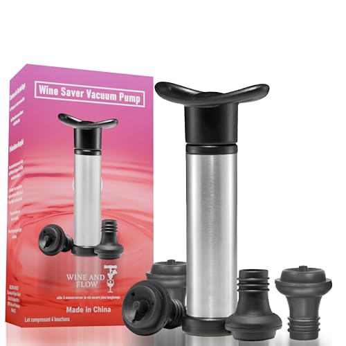 WINE AND FLOW Bouchon vin Vide air de qualité + 4 Bouchons vin | Pompe à vin Réutilisable Conservation du vin | Pompe a Vide vin, Bouchon Bouteille vin, Bouchon Vide air, idée Cadeau Noël Originale