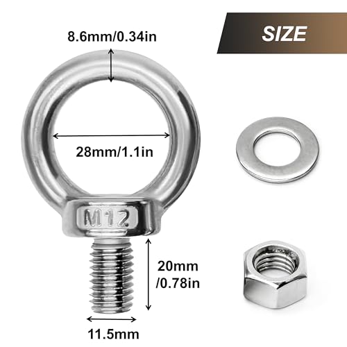 Image of 2 Sets M12 x 20mm 304 Stainless Steel Eye Bolt Heavy Duty Shoulder Lifting Ring Threaded Eyebolts with Nuts Washers (2, M12 x 20 mm)