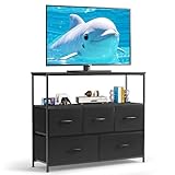 SageNest TV Stand, 5 Fabric Drawers Dresser Entertainment Center for TV up to 45 inch Wooden Media Console Table Storage Organizer with Open Shelf, for Living Room, Bedroom, or Small Space, Black