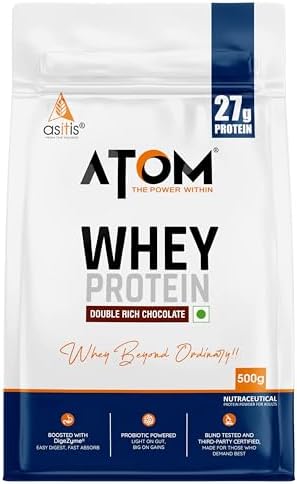 AS-IT-IS ATOM Whey Protein 500g | 27g protein | Isolate & Concentrate | Double Rich Chocolate | USA Labdoor Certified | With Digestive Enzymes for better absorption