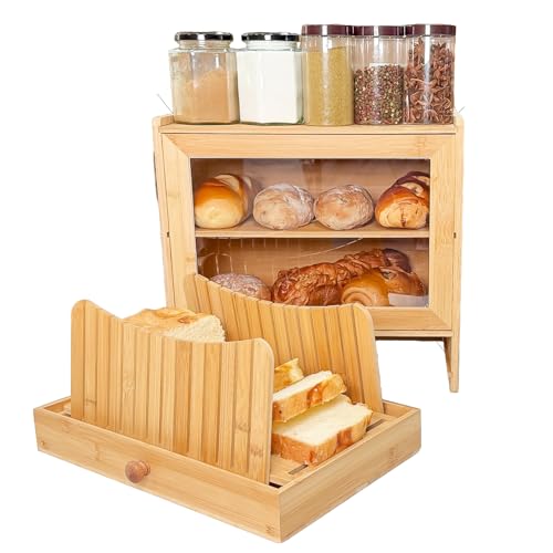 KHKJROS Brotkasten Holz mit Brotschneidebrett und 2 Etagen, Bambus Brotbox groß mit Brotschneidehilfe & Krümelfach – Brotkorb Holz zur Brotaufbewahrung – Bread Box Geschenk für Küche