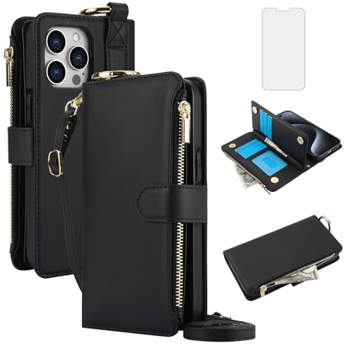 Étui iPhone 14 Pro zippé avec sangle bandoulière et écran verre trempé