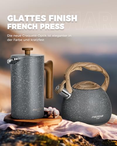 Foto von Poliviar French Press 1 Liter/8 Tassen, Kaffeebereiter，Doppelwandige isolierte Kaffeekanne, Teebereiter, Handfilter Kaffee Presse mit Plunger & Griff aus Massivholz (Stein) JX2019-FPG10-DE