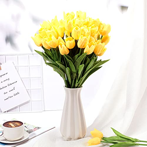 Geosar 40 Pcs Tulips Artificial Bulk Tulips Real Touch Faux Tulips Spring Bouquet 14 Inch Pu Faux Tulip Stems For Home Vase Mother's Day Office Decor Floral Arrangements Wedding Bouquet (Yellow) #TOP2