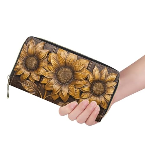 Retro Sunflower Women Soft Leather Purses Zipper Protable Travel Wallet Long Shopping Pouch, Portable Zippered Women Purse Wallet, Gift for Mom, Gold3