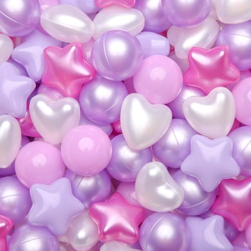 GOGOSO Ball Pit Balls Plastics Balls for Ball Pit Stars Hearts Shape for PastelBall for Toddlers Kids Pear Pink Purple White 100pcs