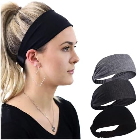 PAROPKAR Elastic Headband Sweatband & Sports Headband for Running Cycling Gym Yoga Basketball - Stretchy Moisture Wicking Unisex Hairband (Black Light & Dark Grey)