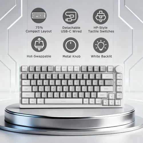 Image of AJAZZ AK820 Wired 75% Mechanical Keyboard, HP-Style Tactile, Hot-Swappable | 81key PBT keycaps, White Backlit 20 modes, Metal Volume Knob, USB-C, Gasket Mount, 5-layer Foam, Dual Drivers Options, PC /Mac