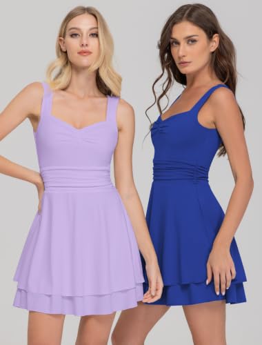 Image of IWD Women's Square Neck Sleeveless Mini Dress Ruched Waist Tiered Ruffle Hem A Line Short Dresses