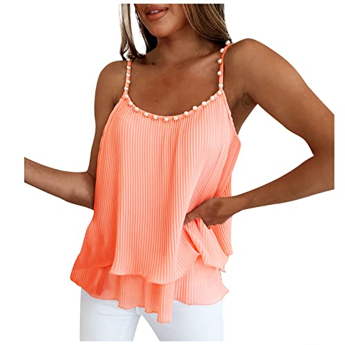 Ababc Summer Chiffon Tops For Women Dressy Sexy Pearls Beaded Camisole Tank Tops Sleeveless Ruffle Blouses Flowy Camisoles Pink #TOP6