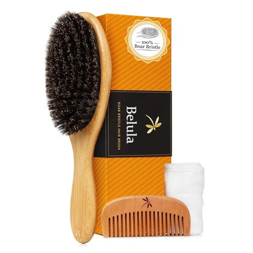 Belula 100% Boar Bristle Hair Brush Set. Soft Natural Bristles for Thin and Fine Hair. Restore Shine And Texture. Wooden Comb, Travel Bag and Spa Headband Included!