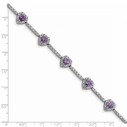 Solid 925 Sterling Silver Amethyst Purple February Gemstone And Clear Cz Cubic Zirconia Heart Bracelet 7" #TOP2