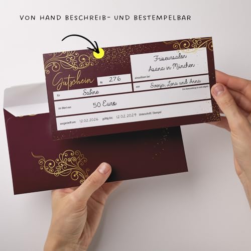 heaven+paper 50 Blanko Gutscheine mit Umschlägen zum Ausfüllen Geschenkgutschein für Restaurant, Massage, Nagelstudio, Friseur, Beauty, Einzelhandel, B2C (Burgundy)