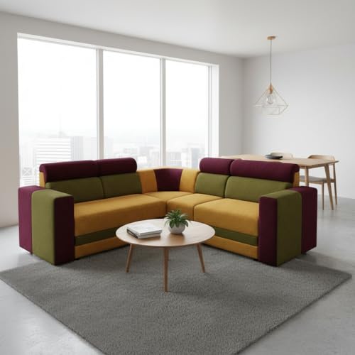 Image of APRODZ Wooden Sofa Set 6 Seater for Living Room, Solid Wood L Shape Sectional Sofa with Velvet Fabric Upholstery, Cushioned Seating for Home, Office & Lounge, Yellow, Green & Magenta Pink